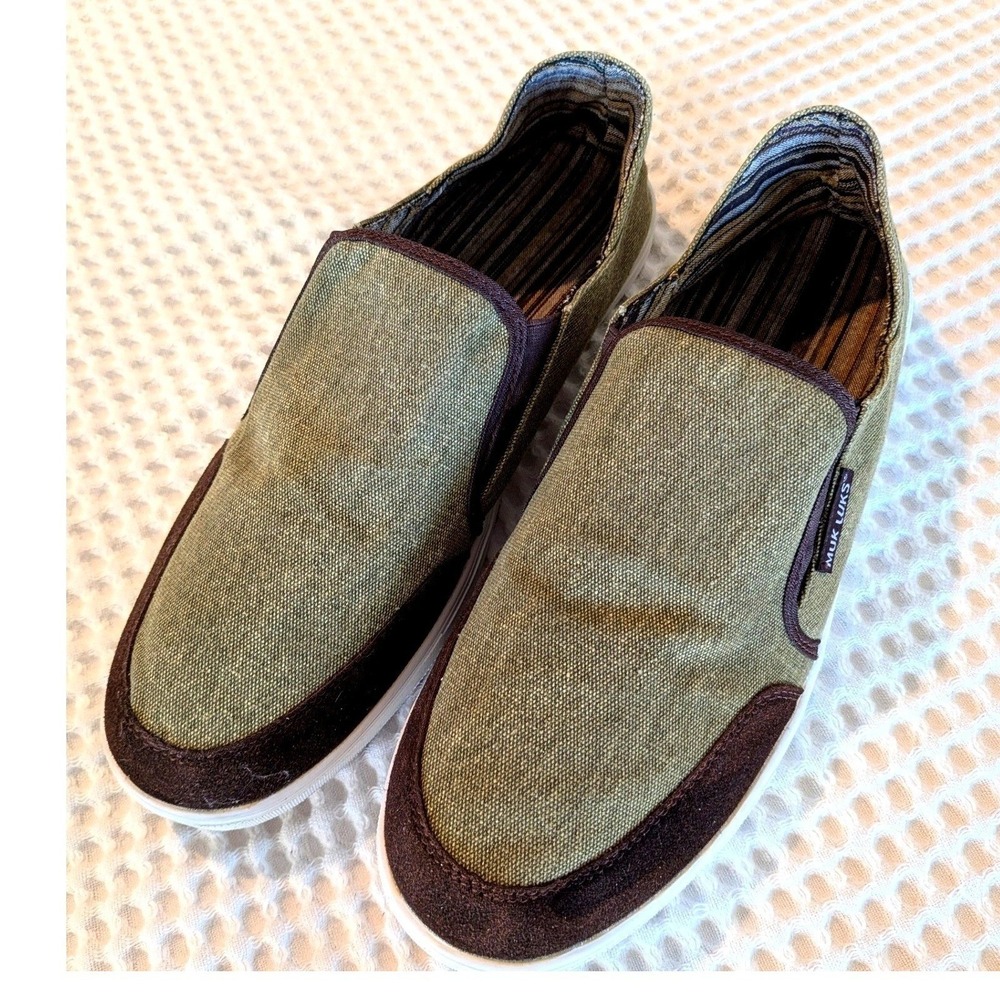 Muk Luks Mens Size 12 Olive Green Canvas Slip On Casual Loafer Comfort Shoes